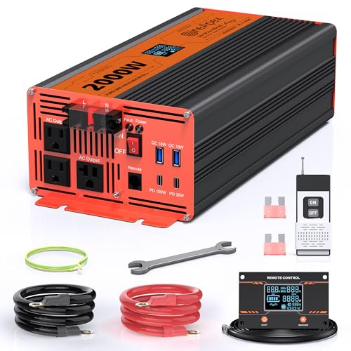 2000W Pure Sine Wave Inverter, Car Power Inverter 24V to 120V with Dual AC and 20A Socket, 18W+18W USB, 100W+30W Type-C, Surge 4000W, Remote Controller
