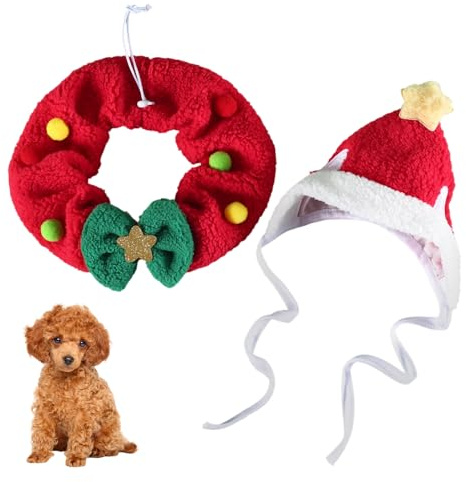Haustiere Weihnachtskostüm, Weihnachtsmütze und Schal mit Schleife, Festliches Weihnachtsoutfit für Hunde Katzen Haustier-Fotoshooting-Partys, Haustier-Zubehör