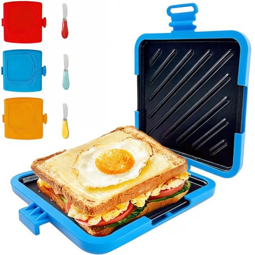 Microwave Toastie Sandwich Maker, Sandwich Toaster with Butter Knife, Panini Presses, Silicone Microwaveable Cookware for Quick Breakfasts, Grilled Cheese, Tuna Melts and Ham, Dishwasher Safe (Blue)