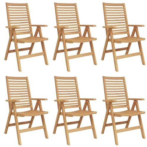 Mokuyary Trädgårdsstol, set med 6 bruna, 52 x 64,5 x 108 cm, teak, massivt trä, balkongstol, terrassstolar, matstolar för terrass, trädgård, balkong