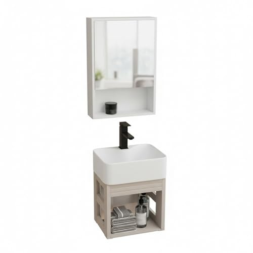 Mobile bagno con lavabo da appoggio in ceramica, Lavabo da Appoggio montato a parete salvaspazio,con specchio,spazio di stoccaggio, per piccoli bagni/spazi ridotti(18.9 * 14.75in)