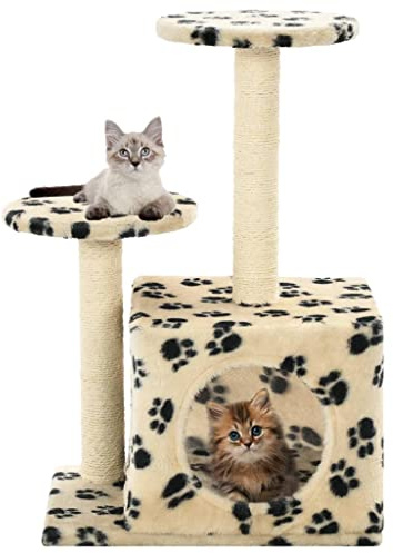 Arbre à chat en sisal - 60 cm - Beige - Avec imprimé de pattes - Aire de jeu en peluche avec colonnes à gratter et maison confortable pour grimper, cacher et se reposer pour chatons