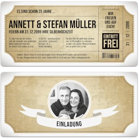 Kartenmachen.de Individuelle Foto Silberhochzeit Hochzeitseinladungen ab 10 bis 100 Stück selbst gestalten als Vintage Brautpaar Weiß Ticket mit Abriss
