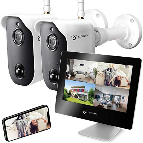 LUVISION Akku-Überwachungskamera Überwachungssystem mit Monitor Set Funk kabellos Bewegungserkennung Gegensprechanlage Nachtsicht App Solar + Überwachungssystem [Set 2 x Kamera 1 x Monitor]