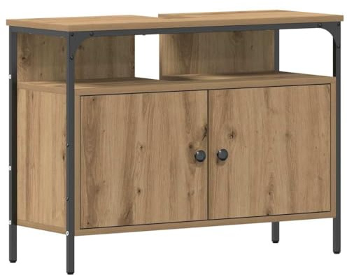 HFXHIJXQ Meuble de lavabo - Chêne artisanal - 80 x 30 x 60 cm - Matériau du bois avec cadre en acier - Design moderne - Robuste et durable - Pour salle de bain, invités, WC et petites pièces