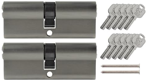 Löwen Sicherheit 2x Profilzylinder 90 mm 45/45 gleichschließend inkl. 10 Wendeschlüssel, Metallic Silber Grau