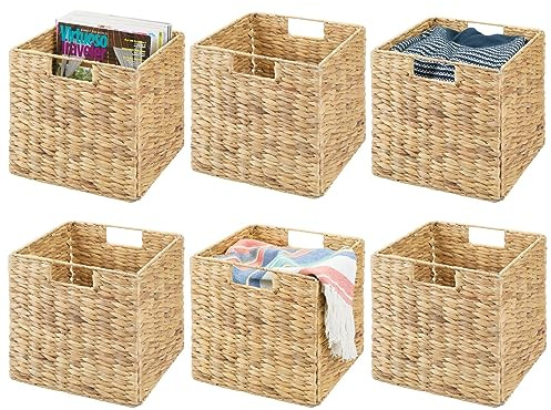 mDesign 6er-Set Aufbewahrungskorb – faltbare Aufbewahrungsbox aus Wasserhyazinthe – Regalkorb mit Flechtmuster – ideal zur Aufbewahrung in Würfelregalen – naturfarben