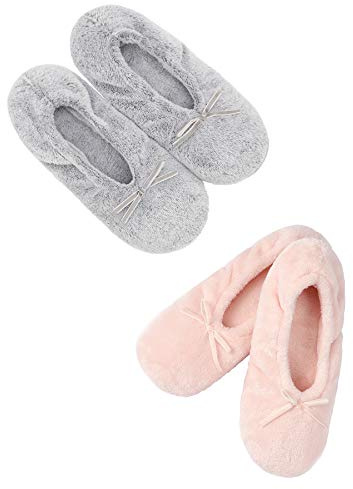 Panda Bros 2 Pairs Women's Ballerina House Slippers, Anti-Skid Comfy Warm Ballet Style Slippers