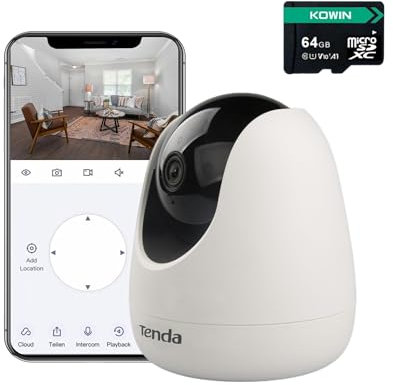 Tenda CP3 Überwachungskamera Innen mit SD Karte, 360 Grad WLAN Kamera Überwachung, 2-Wege-Audio, 1080P, Nachtsicht, Ton und Licht Alarm, Bewegungsverfolgung, Haustierkamera für Hund/Katze, Baby Kamera