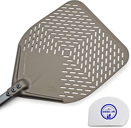 Pizzaschaufel, Evolutions-Schaufel, gelocht, zum Backen der Pizza Gi-Metal mit Teigspatel (36 x 36 cm, Gesamtlänge 186 cm)