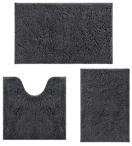 RUN HELIX Bath Mat - Non Slip Anti Mould, Dark Grey Bath Mat Set, Shaggy Bath Mats for Bathroom, Absorbent Machine Washable Bathroom rug, Bathrooms Mat Set with U-Shaped Pedestal Mat (Dark Grey)