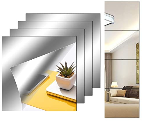 SETROVIC Confezione da 4 piastrelle a specchio, autoadesive, da 20 x 20 cm, da 8 x 8 pollici, autoadesive, da parete, piccoli specchi da incollare, per armadio e bagno