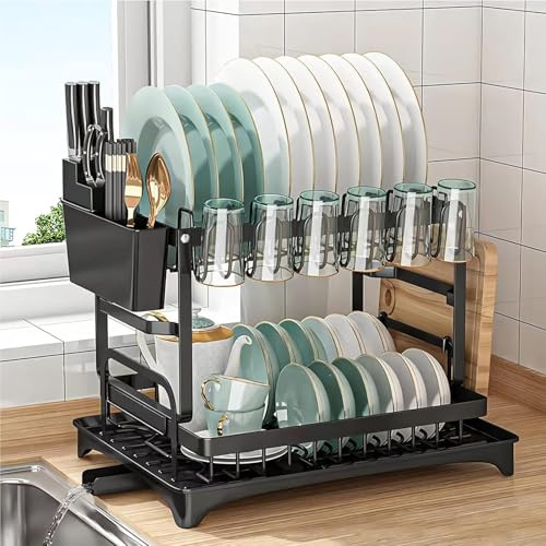 Escurridor de platos de 2 niveles, estante de secado de platos negro con bandeja de goteo, utensilio y soporte para tabla de cortar, escurridor de fregadero a prueba de óxido para encimera de cocina
