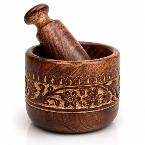 The Great Indian Bazaar Juego de mortero y mazo de madera de mango indio hecho a mano, molinillo de hierbas y especias de estilo rústico natural, mezclador Masala, tazón de maceración manual Kharal