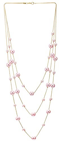 COOLSTEELANDBEYOND Rotgold Statement Halskette Drei Stränge Lange Kette mit Rosa Synthetische Perle Perlen Anhänger, Abendkleid Elegante