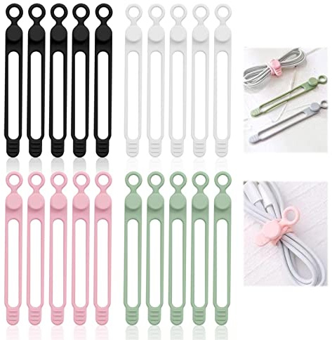 AWAVM Silicone Reusable Cable Ties, Cord Organizer, Wire Ties,Elastic Silicone Wires Ties Cable Clips for Office,Home,Car etc (Black, White, Pink,Green)
