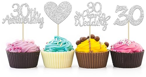 Gyufise 24 Pcs 30th Anniversary Cupcake Toppers Heart Cake Toppers Pearl Wedding Anniversary Heart Cake Decoration, Silver