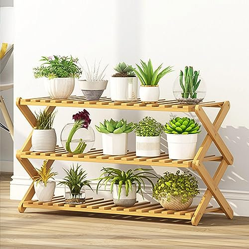 DECORN 3-stufiger Faltbarer Pflanzenständer | Bambus-Pflanzenständer für Mehrere Pflanzen | Blumenhalter, Pflanzenregal, Regal, Tisch, Blumentopfständer für Wohnzimmer, Terrasse, Balkon,80cm L