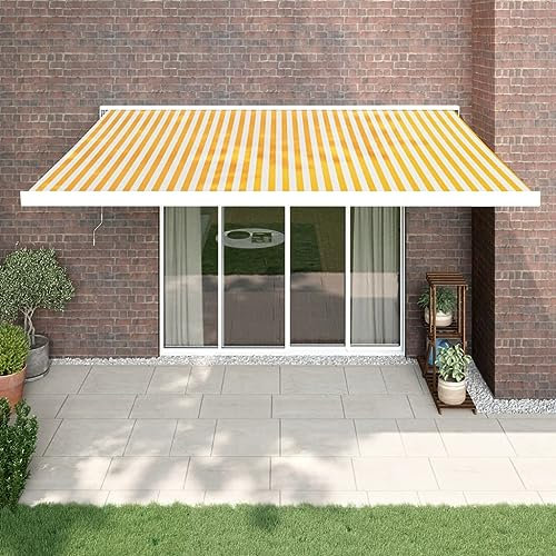 Homgoday Store de balcon à bras articulés, rétractable, montage mural, protection solaire, pour balcon, terrasse, jaune et blanc, 4 x 3 m, tissu et aluminium