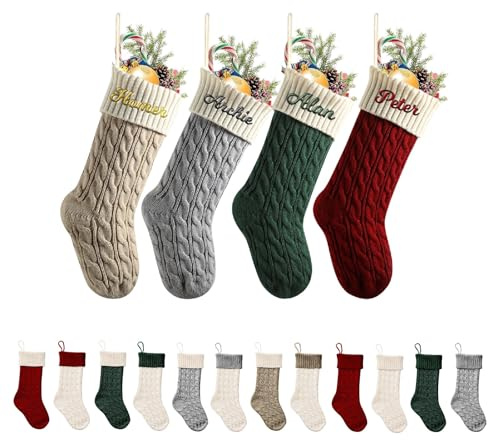 MJARTORIA Nikolausstrumpf Personalisierte Weihnachtsstrumpfe mit Namen 46cm Gestrickt Bestickte Weihnachtssocken Kamin Hängenden Strumpf für Feiertags Familienparty Dekoration，Bunt D：2Pcs