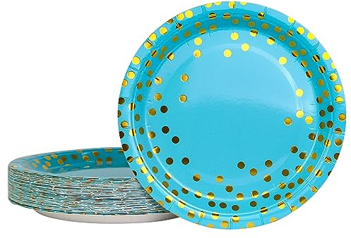 DHAIQC 50 Stück Blaugold Pappteller 23 cm, Einwegteller Bunt Partyteller Partygeschirr Set für Geburtstag Hochzeiten Jubiläums Picknick Grills (Blaugold, 9 zoll)