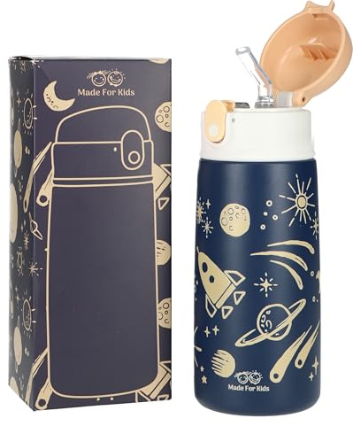 Made For Kids | Trinkflasche für Kinder mit Strohhalm für Mädchen und Jungs - 480ml - Edelstahl-Wasserflasche für die Schule, isoliert, auslaufsicher, kalt heiß (Stil: Weltraum)
