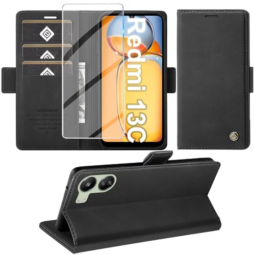Funda para Xiaomi Redmi 13C funda con protector de pantalla, funda para Redmi 13C/Poco C65 5G PU Cuero Wallet Flip Case Stand Tarjetero Plegable Funda de Cuero para Xiaomi Poco C65 Cover (Negro)