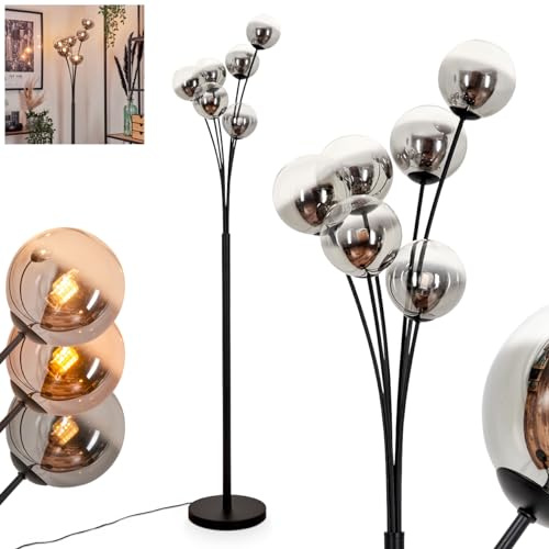 Stehleuchte Bernado, Stehlampe aus Metall/Glas in Schwarz/Rauchfarben/Klar, Leuchte im modernen Retro/Vintage-Design mit Schirmen aus Glas (Ø 12cm), dimmbar über Fußschalter, 6 x G9, ohne Leuchtmittel