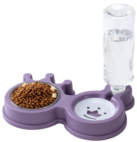 Ciotola Gatti 2 In 1 Ciotole per Gatti With Automatic Water Dispenser Ciotole per Cani e Gatti di Piccola Antiscivolo e Anti Goccia Ciotola per Cani Viola 27 * 18,5 * 4 cm