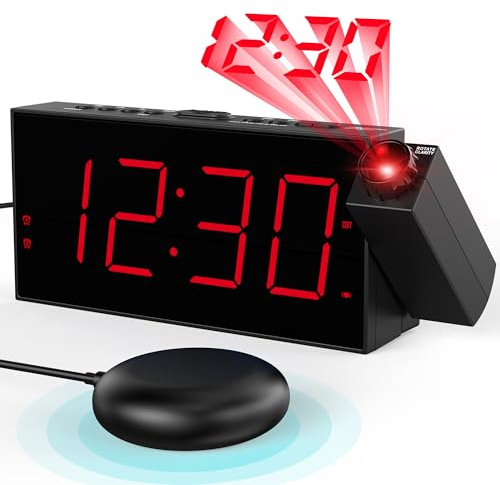 Mesqool Sveglia Digitale con Vibrazione, Orologio con 180° Proiettore, Sveglia per Sonno Profondo, Porta USB, Luminosità Regolabile, Snooze, Doppio Allarme, Porta USB, Ampio Display Luminoso, Rosso