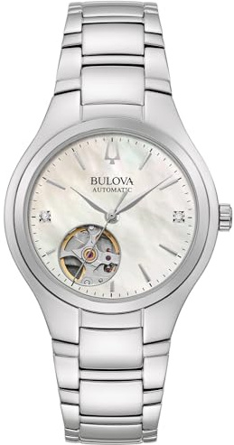 Bulova Sutton Automatic Armbanduhr für Damen in der Farbe Silber mit Armband aus Edelstahl, Wasserdichtigkeit: 3 bar, Gehäusedurchmesser: 34 mm, 96P247