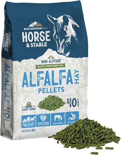 Blue Mountain Hay High Altitude Alfalfa Hay Pellets (40 lb), Ultra Premium Nutrient Dense Forage, Small Quick Soaking Low Dust Pellets, Easy to Measure, Automatic Feeder Friendly