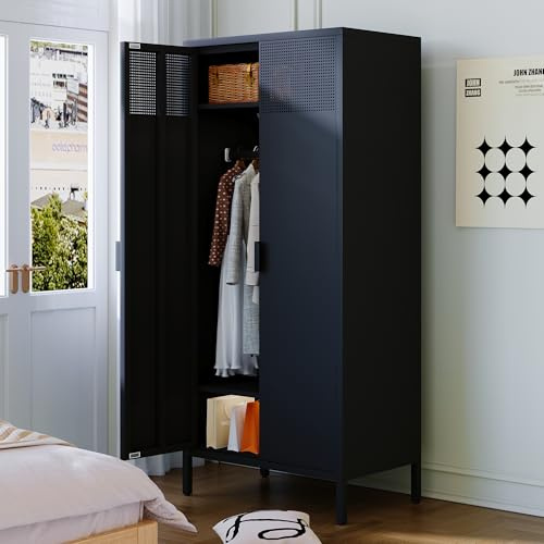 COFaR Armadio in metallo con asta per appenderlo, altezza 180,3 cm, per camera da letto, armadio, armadio per casa, ufficio, garage, lavanderia, nero