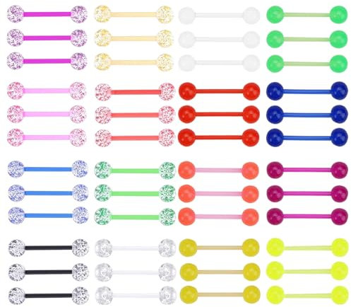 48 Stück Zungenpiercing Set 1.6mm,14G Zungenpiercing Kunststoff Wiederverwendbar,Piercing Zunge, Nippelpiercing Zungenpiercing Plastik Set Mit Leuchteffekt,Zungenpiercing Kugeln Acryl,Leicht Bequem