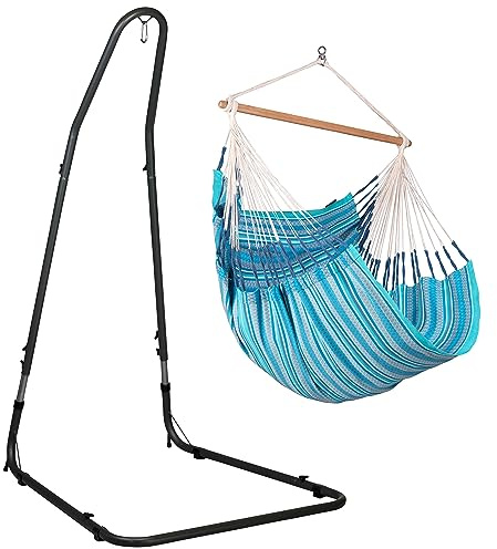 LA SIESTA® Habana Baumwoll Hängesessel & Stahlgestell - Hängesessel Gestell für Hängeschaukel, Ständer für Hängesessel für Indoor Outdoor Balkon, Garten Hängesessel für 2 Personen- Comfort Size, Azure