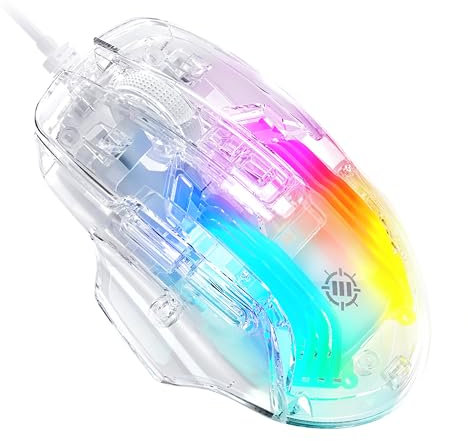 ENHANCE Theorem 3 White Gaming Mouse - Wired Mouse for PC with 7 Programmable Buttons, 13 Color Modes, Adjustable 7200 DPI, Ergonomic Gaming Mouse with Clear, White Design - Software for LEDs, Macros