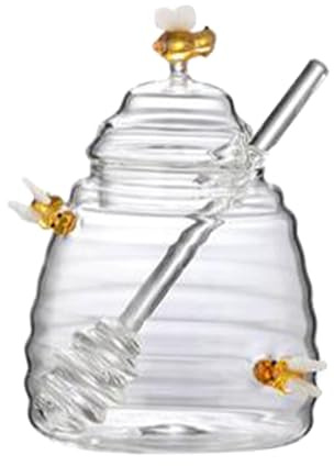 Milageto Pot à miel récipient à miel robuste transparent avec trempette, Pot à miel avec couvercle, distributeur de verre pour fête cuisine mariage, Abeille Jaune 500 Ml