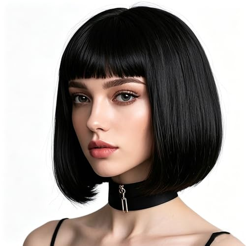 Creamily Perücke Bob Kurz Glatte in Schwarz mit Pony für Damen, Natürliche, Perücke Glatte Bob aus Kunsthaar für Mädchen, Schwarz Farbe, Kostüm, Cosplay, Party, Täglicher Gebrauch