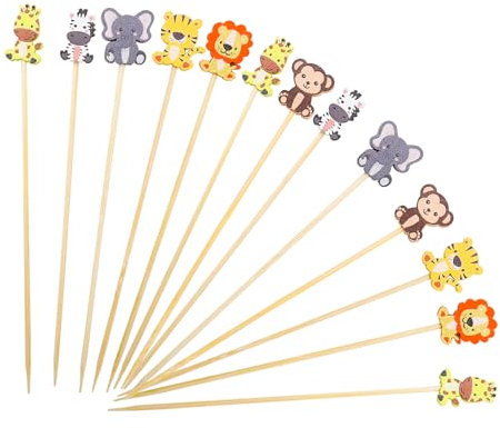 Catelves Pinchos de cóctel con animales, 100 unidades, pinchos de madera de tigre y león, decoración, 13 cm, palillos de madera, 6 estilos, pinchos para queso