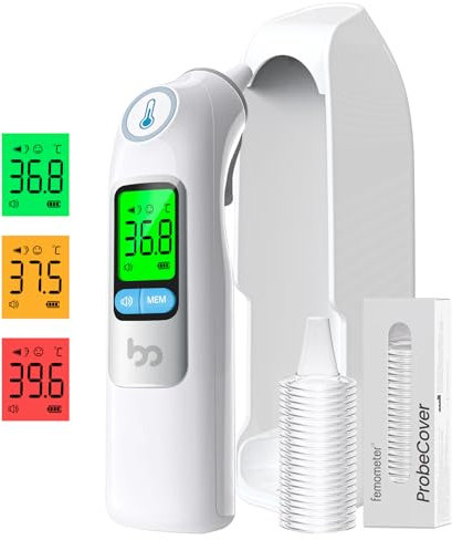 Infrared Ear Thermometer for Adults & Kids, Highly Accurate 1-Second Reading, 30 Memory Recall, 3-Color Fever Alarm, Includes 21 Disposable Probe Covers & Storage Case