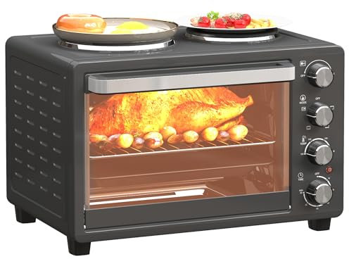 HOMCOM 28L Mini Oven with 2 Hot Plates, Countertop Toaster Oven, Grill, Roast, Bake, Boil, with Timer, Adjustable Temperature, Electric Oven with Baking Tray, Grill Rack, Crumb Tray, 2600W, Black
