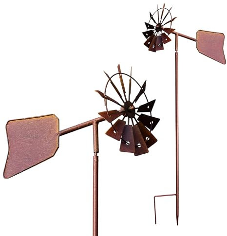 Molino de viento de metal oxidado con veleta, 120 x 17 cm, decoración para jardín, molinillo de viento, decoración de flores, carillón de viento, resistente a la intemperie