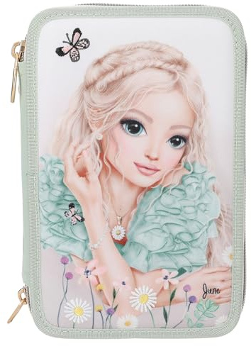 Depesche 13303 TOPModel Summer Feeling - Gefüllte 3-Fach Federtasche in Salbeigrün, mit Model Motiv und Blumen, Federmappe mit Buntstiften, Lineal, Schere uvm.