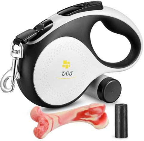 Correa Perro Extensible - Perro Mediano y Grande – Mango Ergonómico Antideslizante – hasta 50Kg 5 Metros - Dog Leash retractible (L, Blanco) con Hueso para lanzar y entretener a tu macota