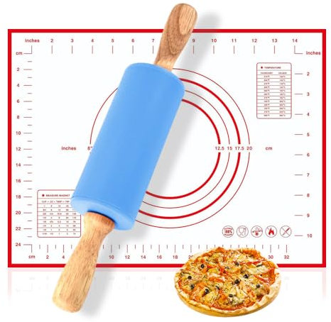 GIDWRIY Rodillo Amasar Cocina 30 CM,Rodillo Reposteria Silicona,Rodillo Galletas Antiadherente con Tapete Para Hornear 30x40 CM,Rolling Pin,Rodillo Amasador con Manija de Madera para Fondant, Pizza