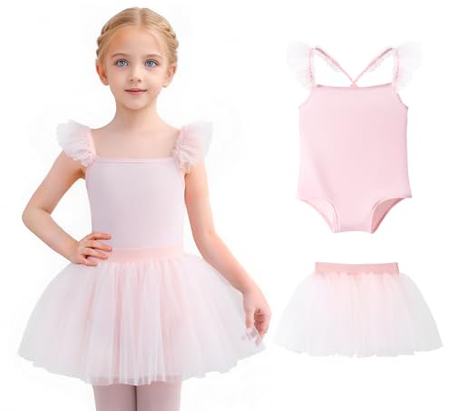Tutu.kk Girls Ballet Leotards with Removable Tutu Skirt Toddler Leotard Sleeveless Crisscross Backs Dance Dress Outfit Combo Pink 6-7 Years
