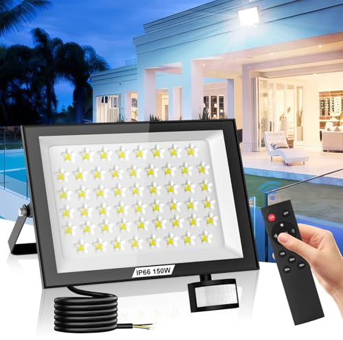 Bellanny LED Strahler mit Bewegungsmelder Außen, 150W 15000LM Superhell Scheinwerfer Wandstrahler, 6500K Kaltweiß Außenleuchte Flutlichtstrahler,IP66 Flutlicht Innen Für Garage Höfe Gärten Sportplätze