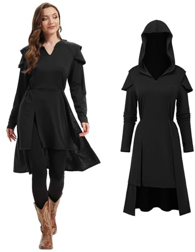 Vestido con capucha renacentista para mujer, estilo medieval, vintage, gótico, con capucha, para Halloween, cosplay, Negro, M