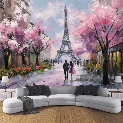 JSCWDET Papier Peint Panoramique 3D Soie Peinture De Rue À Paris,250×175 Cm (W×H) Murales Panoramique Tour Eiffel Pour Salon, Adulte Chambre D'Enfants, Restaurant Décoration,Rose