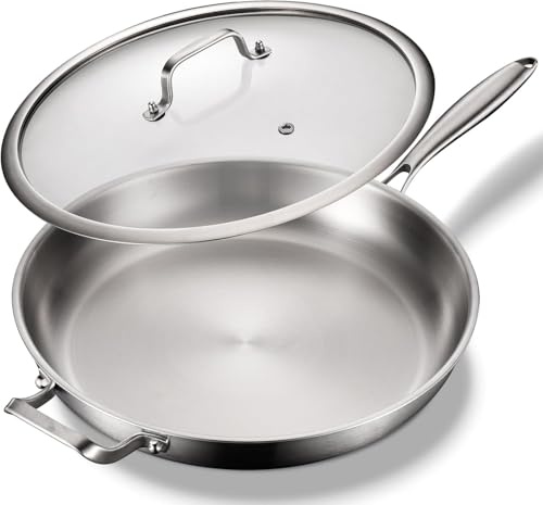 DELARLOCHEF Edelstahlpfanne 36 cm mit Deckel und Henkeln: 3-Schicht Edelstahl Bratpfanne,Pfanne Ofenfest bis zu 315℃,Schnell und Gleichmäßig Erhitzend,Große Kochfläche,14.2 Inch Stainless Steel Pan